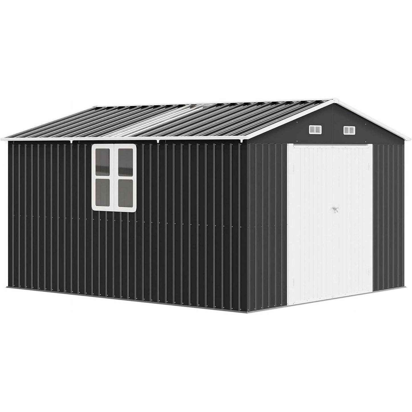 Jocisland 10x12x7 FT Galvanized Steel Storage Shed with 2 4-Pane Windows Hinged Double Doors, Outdoor Shed for Backyard, Garden, Garden, Dark Grey/White