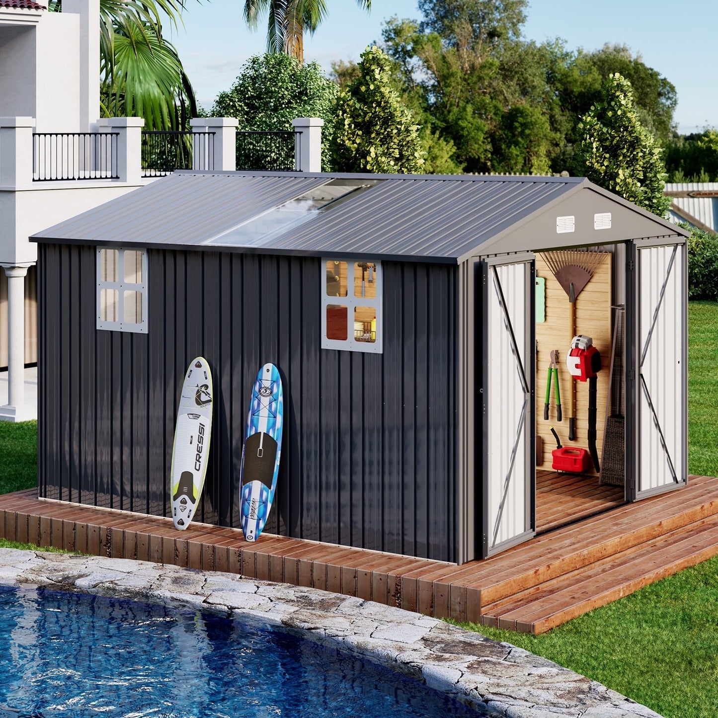Jocisland 10x12x7 FT Galvanized Steel Storage Shed with 2 4-Pane Windows Hinged Double Doors, Outdoor Shed for Backyard, Garden, Garden, Dark Grey/White