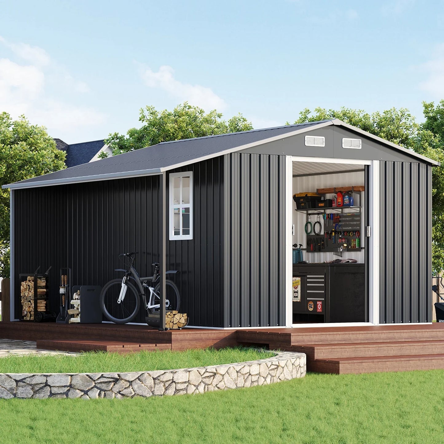 Jocisland 10x12x7 FT Galvanized Steel Storage Shed with 2 4-Pane Windows Hinged Double Doors, Outdoor Shed for Backyard, Garden, Garden, Dark Grey/White