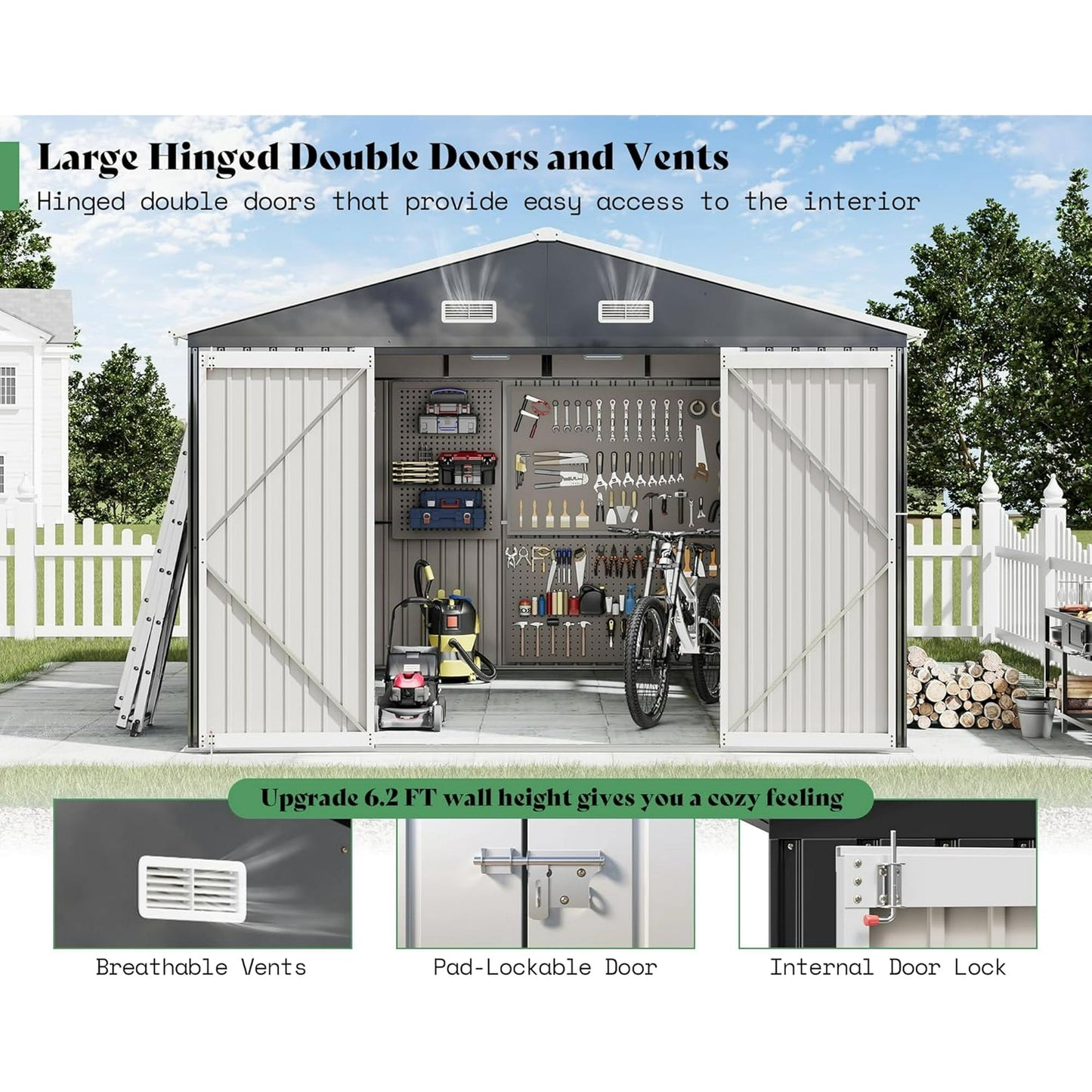Jocisland 10x12x7 FT Galvanized Steel Storage Shed with 2 4-Pane Windows Hinged Double Doors, Outdoor Shed for Backyard, Garden, Garden, Dark Grey/White