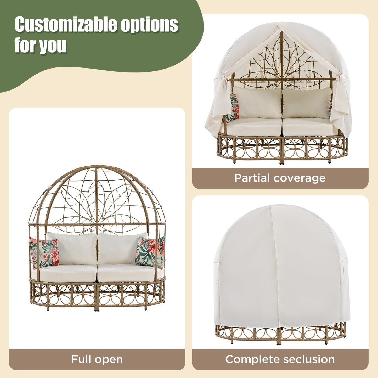 GO 59.8 Daybed Outdoor Sunbed With Colorful Pillows, Wicker Patio Daybed With Curtain, Floral Patte