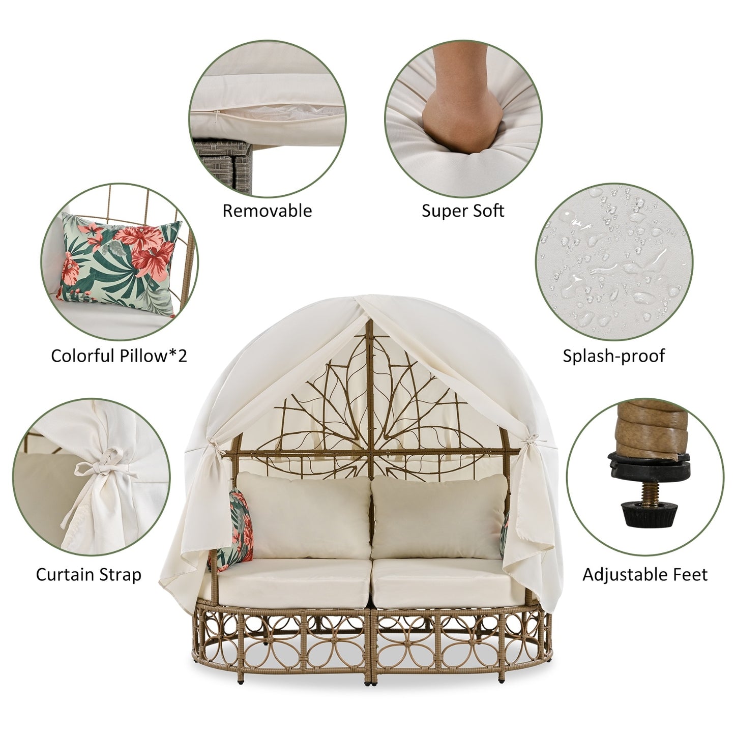 GO 59.8 Daybed Outdoor Sunbed With Colorful Pillows, Wicker Patio Daybed With Curtain, Floral Patte