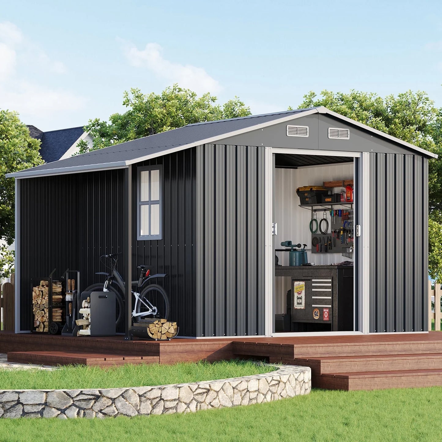 Jocisland 10x12x7 FT Galvanized Steel Storage Shed with 2 4-Pane Windows Hinged Double Doors, Outdoor Shed for Backyard, Garden, Garden, Dark Grey/White