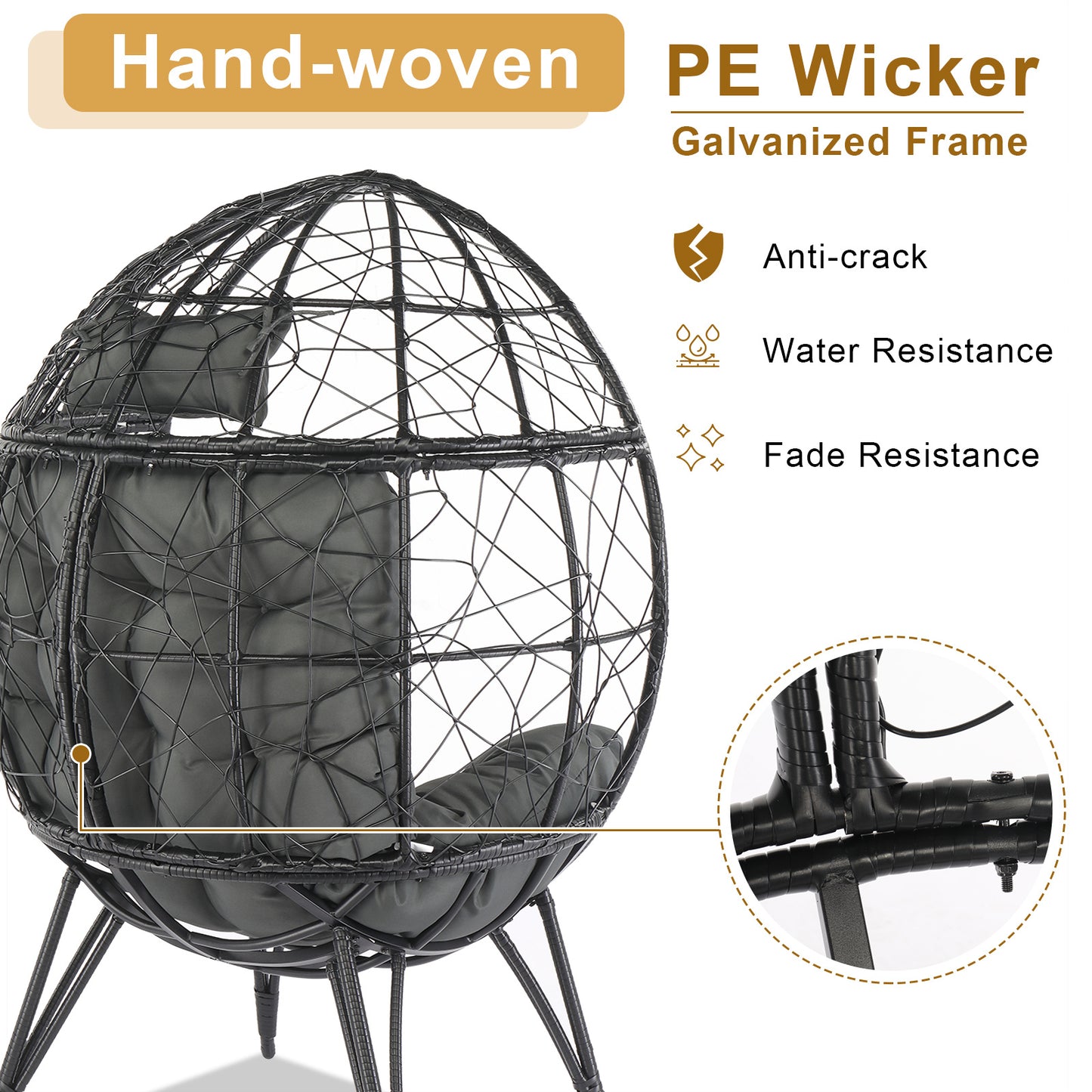 Black Rattan, Gray Cushions, Rattan Egg Chairs-Suitable For Patios, Porches, Backyards, Living Room Balconies