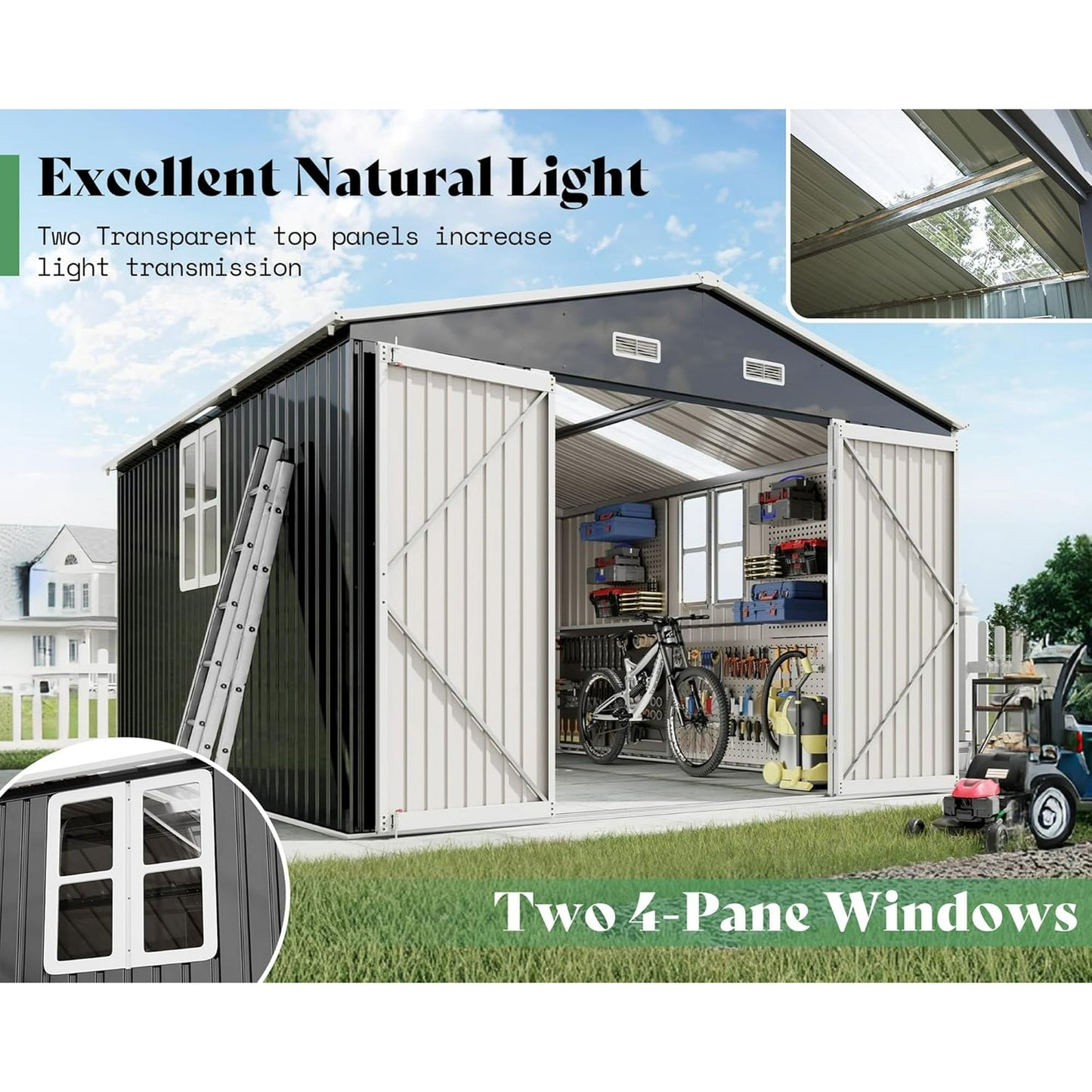 Jocisland 10x12x7 FT Galvanized Steel Storage Shed with 2 4-Pane Windows Hinged Double Doors, Outdoor Shed for Backyard, Garden, Garden, Dark Grey/White