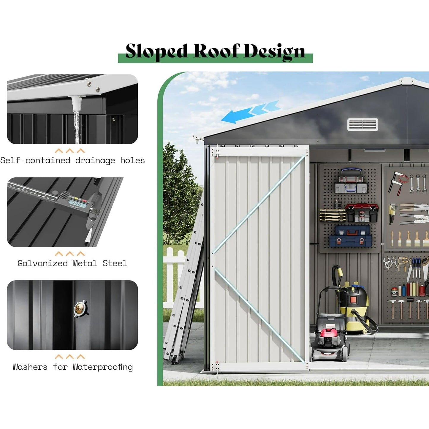 Jocisland 10x12x7 FT Galvanized Steel Storage Shed with 2 4-Pane Windows Hinged Double Doors, Outdoor Shed for Backyard, Garden, Garden, Dark Grey/White
