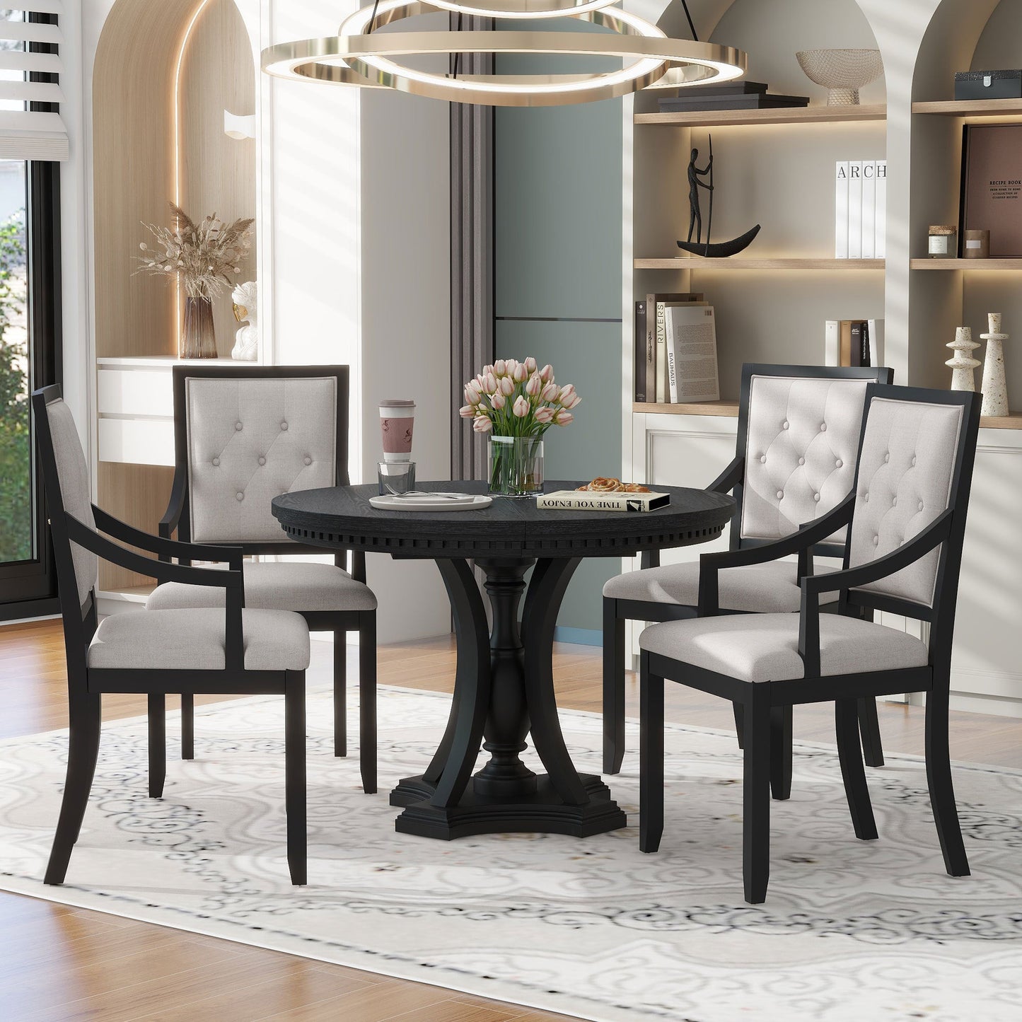 5-piece Dining Set Extendable Round Table and 4 Chairs for Kitchen Dining Room - Black Oak