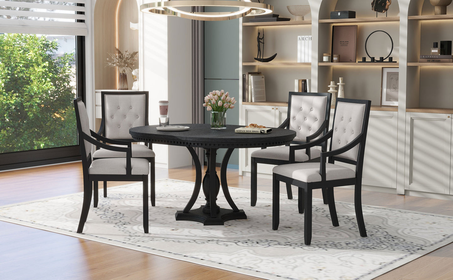 5-piece Dining Set Extendable Round Table and 4 Chairs for Kitchen Dining Room - Black Oak