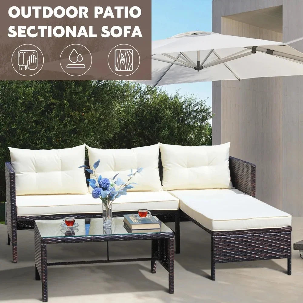 Outdoor Patio Sofa Furniture Sets, All-Weather 3-Piece Brown Wicker PE Rattan Chaise Longue Conversation Sets