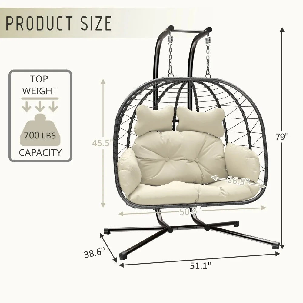 Double Wicker Swing Egg Chair Hammock Foldable Hanging Loveseat with Stand, UV Resistant Removable Cushions, 700LBS Capacity