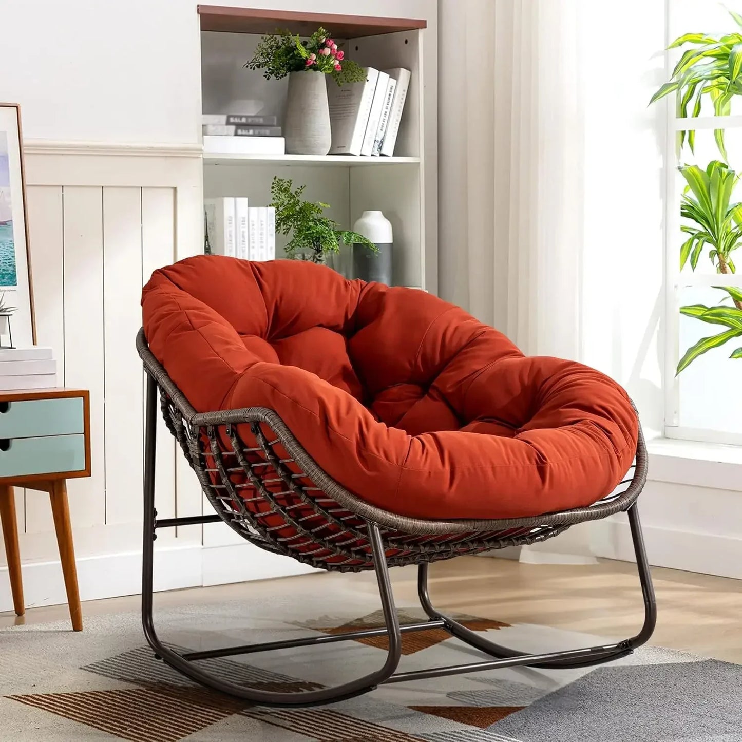 Oversized Rocking Papasan Chair with Thick Cushion and Frame