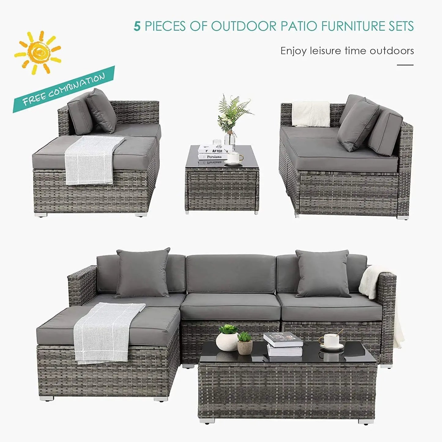 Polyrattan Lounge Sofa for 4-5 People 5PCS Outdoor Furniture Rattan Garden Corner Sofa Set Patio Coffee Table Cushions Pillows