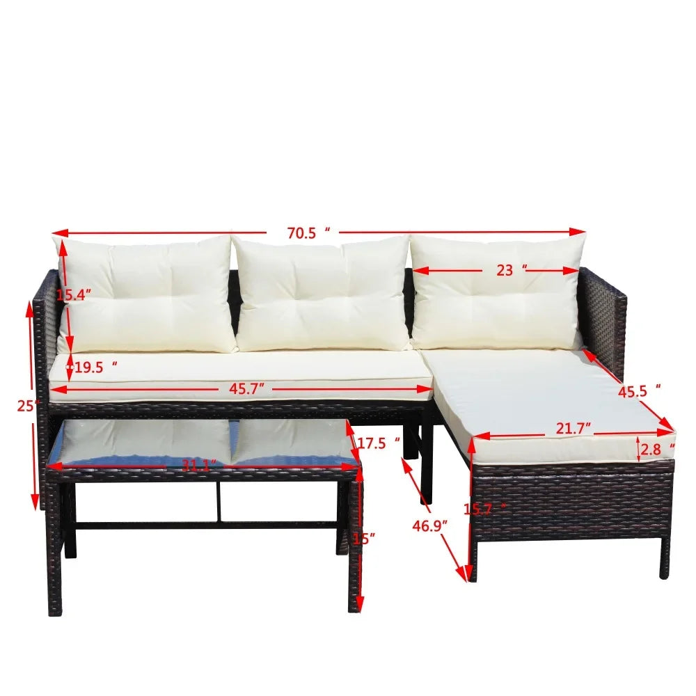 Outdoor Patio Sofa Furniture Sets, All-Weather 3-Piece Brown Wicker PE Rattan Chaise Longue Conversation Sets