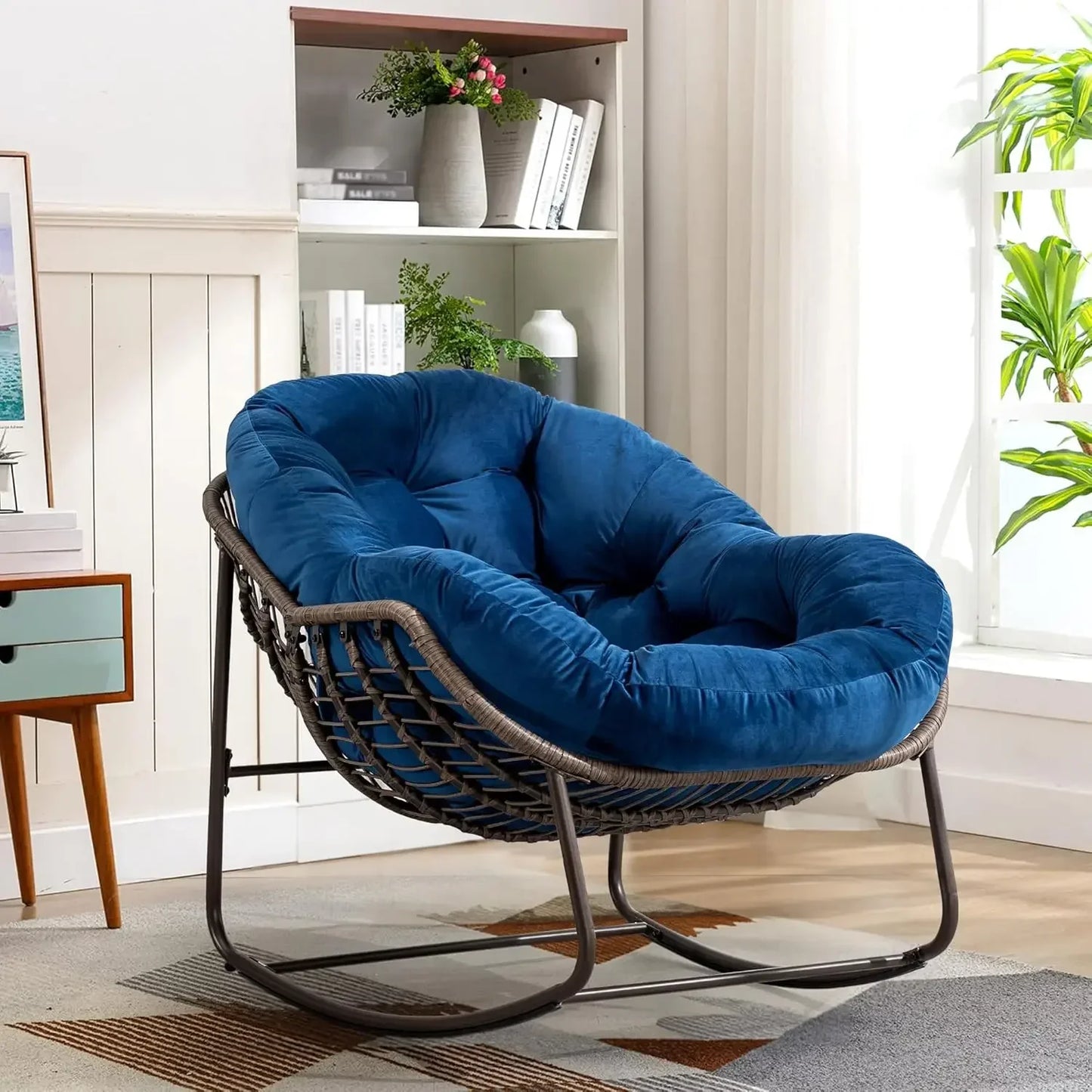 Oversized Rocking Papasan Chair with Thick Cushion and Frame