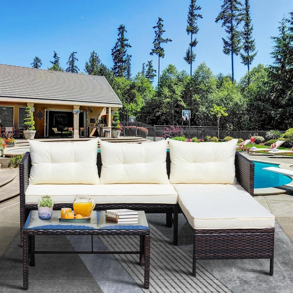 Outdoor Patio Sofa Furniture Sets, All-Weather 3-Piece Brown Wicker PE Rattan Chaise Longue Conversation Sets
