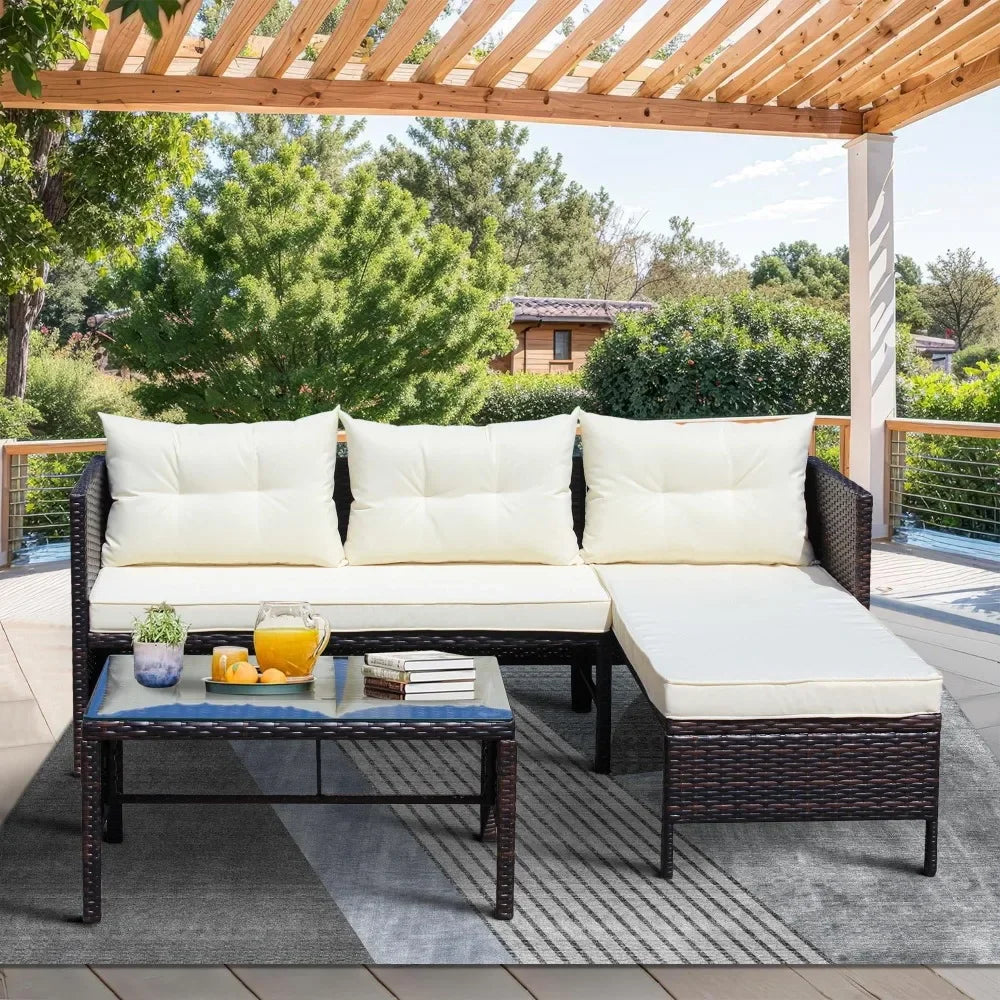 Outdoor Patio Sofa Furniture Sets, All-Weather 3-Piece Brown Wicker PE Rattan Chaise Longue Conversation Sets