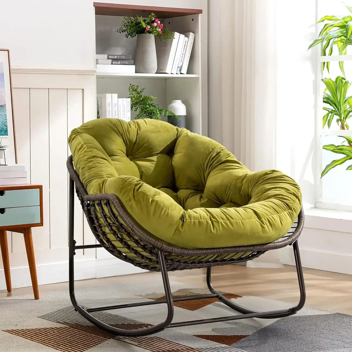 Oversized Rocking Papasan Chair with Thick Cushion and Frame