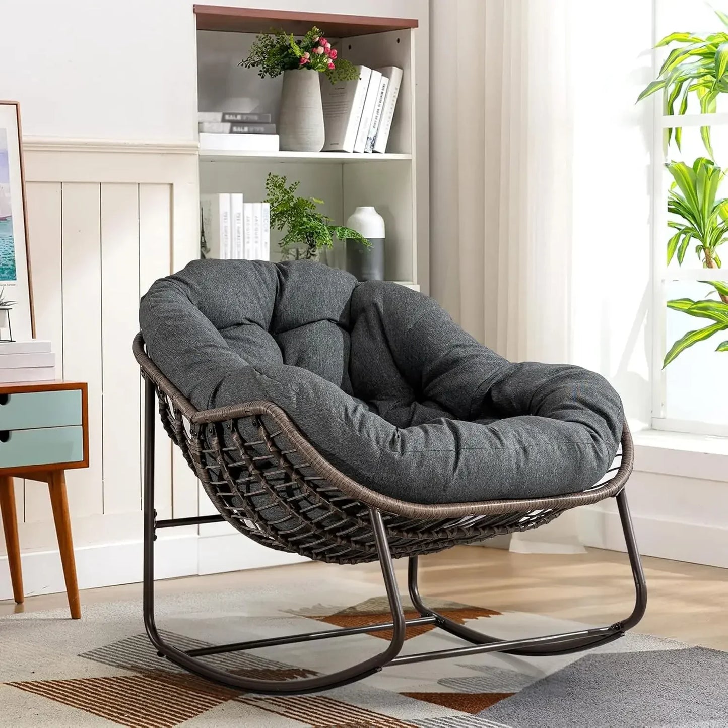 Oversized Rocking Papasan Chair with Thick Cushion and Frame