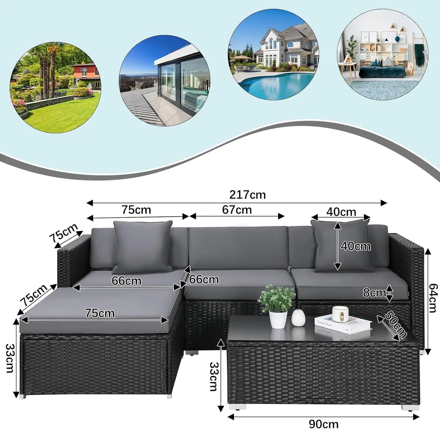 Polyrattan Lounge Sofa for 4-5 People 5PCS Outdoor Furniture Rattan Garden Corner Sofa Set Patio Coffee Table Cushions Pillows