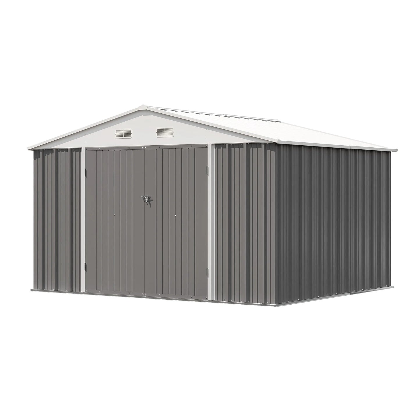 Jocisland 10x12x7 FT Galvanized Steel Storage Shed with 2 4-Pane Windows Hinged Double Doors, Outdoor Shed for Backyard, Garden, Garden, Dark Grey/White