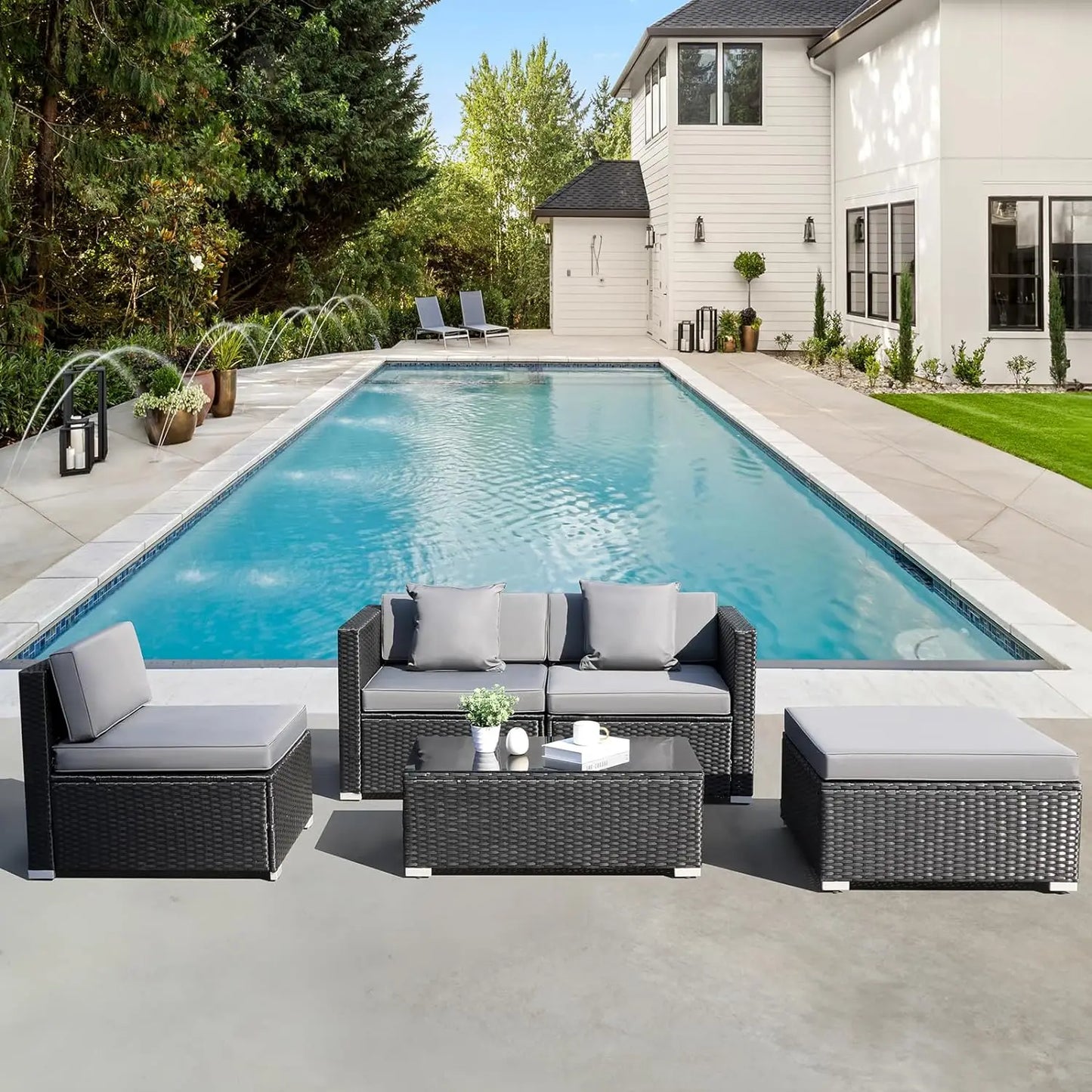 Polyrattan Lounge Sofa for 4-5 People 5PCS Outdoor Furniture Rattan Garden Corner Sofa Set Patio Coffee Table Cushions Pillows