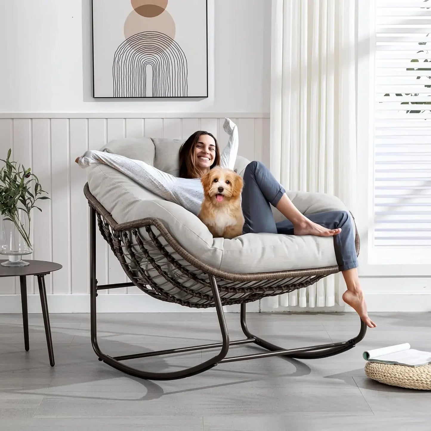 Oversized Rocking Papasan Chair with Thick Cushion and Frame