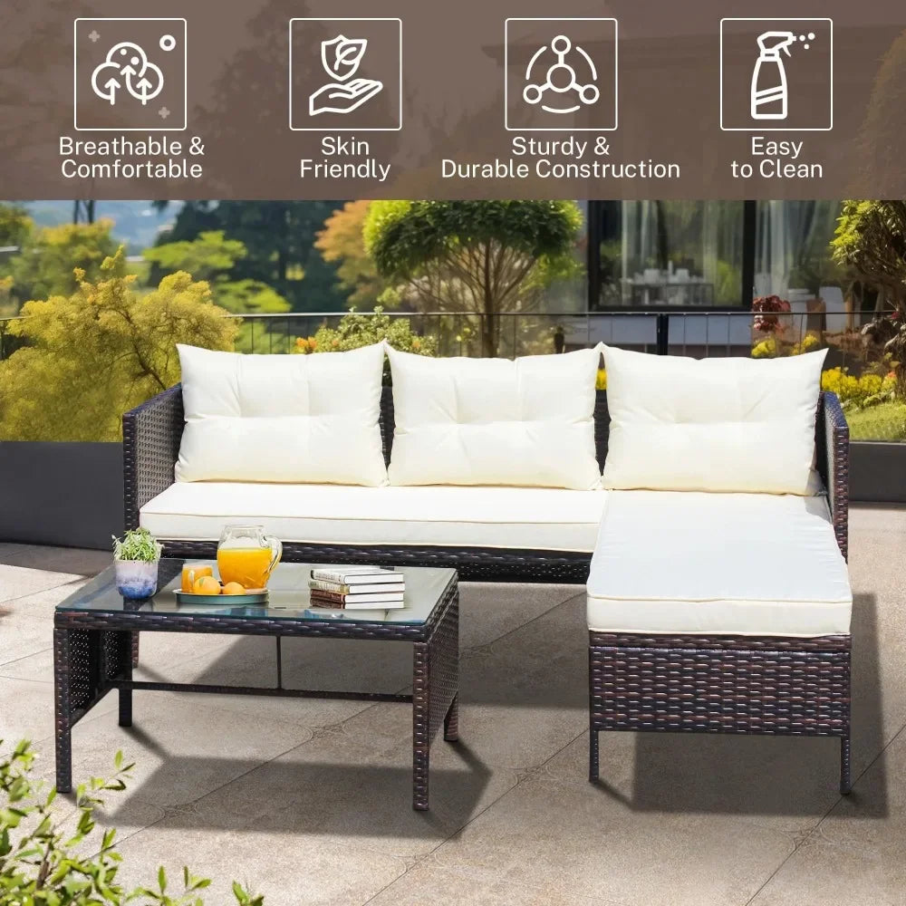 Outdoor Patio Sofa Furniture Sets, All-Weather 3-Piece Brown Wicker PE Rattan Chaise Longue Conversation Sets