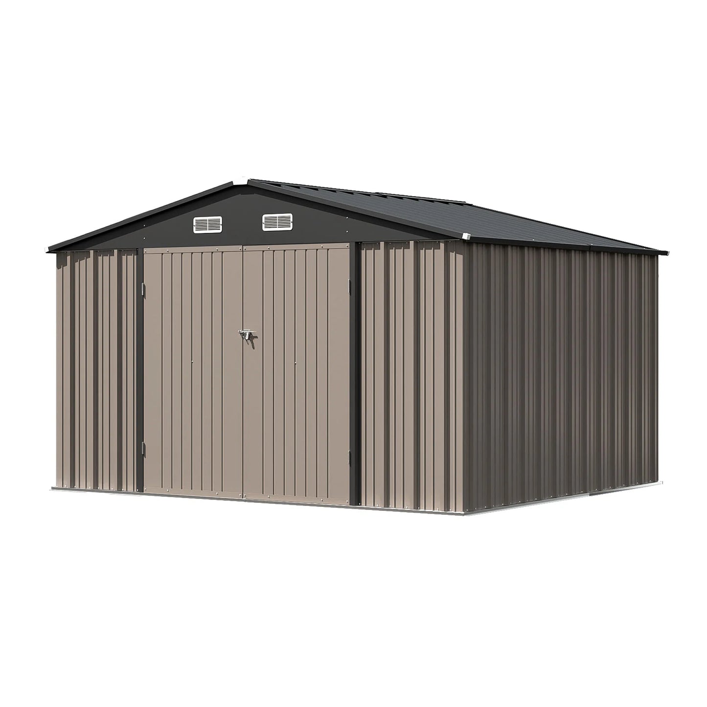 Jocisland 10x12x7 FT Galvanized Steel Storage Shed with 2 4-Pane Windows Hinged Double Doors, Outdoor Shed for Backyard, Garden, Garden, Dark Grey/White