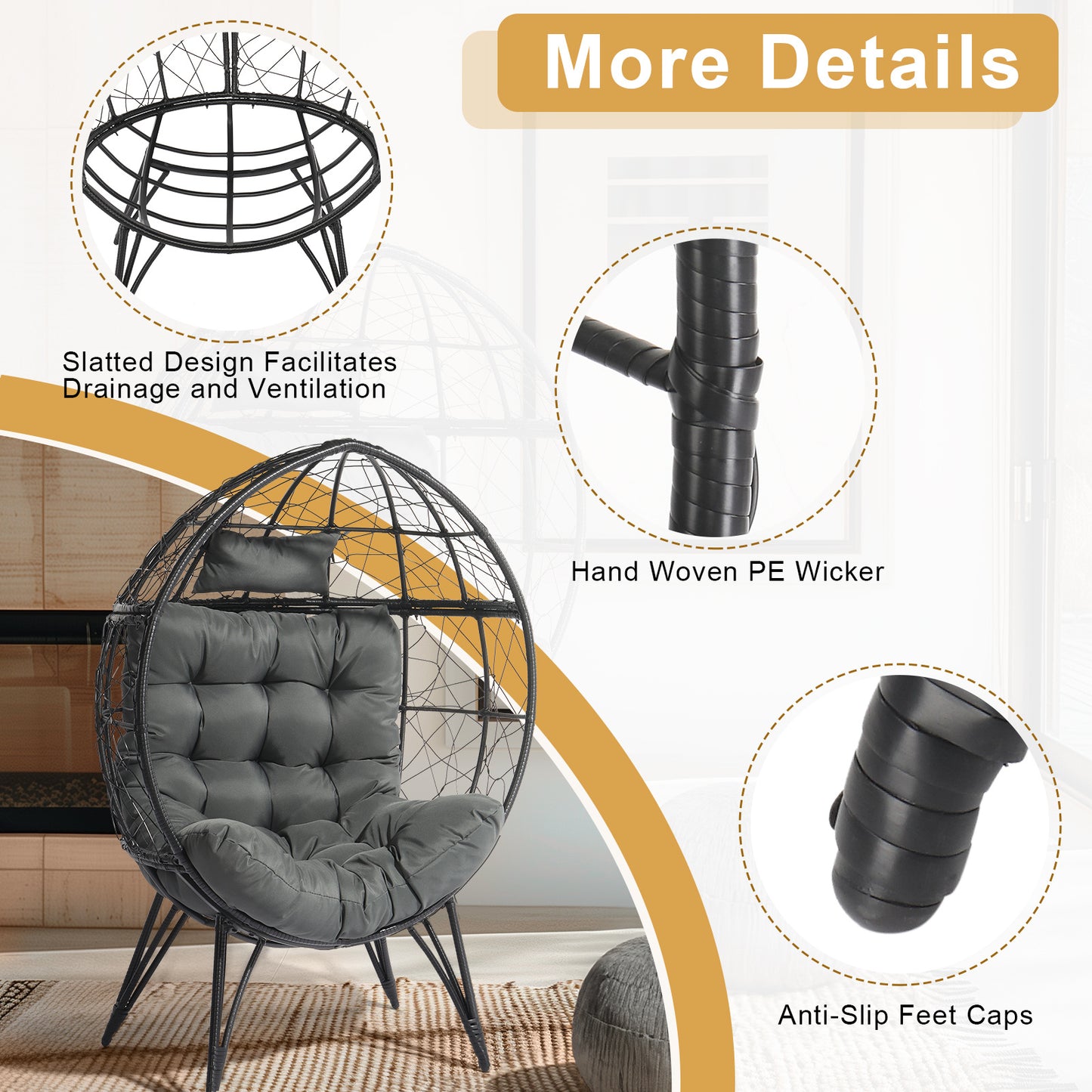 Black Rattan, Gray Cushions, Rattan Egg Chairs-Suitable For Patios, Porches, Backyards, Living Room Balconies
