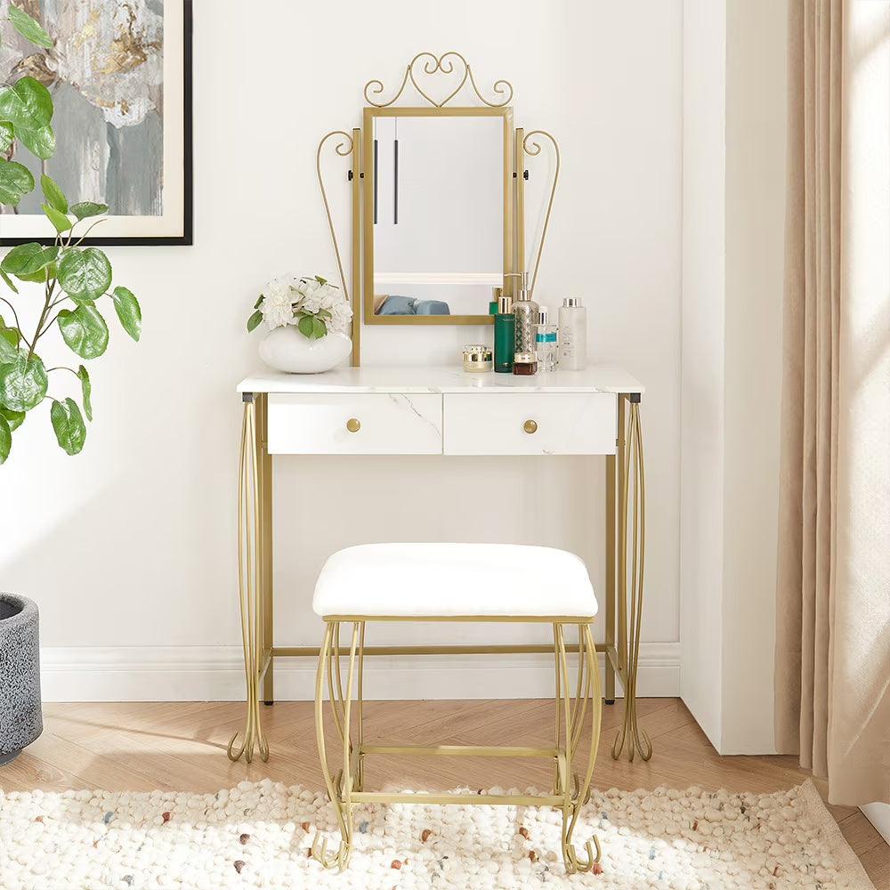 Vanity Table Set With Mirror & Stool,White Makeup Dressing Desk With Drawers For Girls,Women,Bedroom,Gift