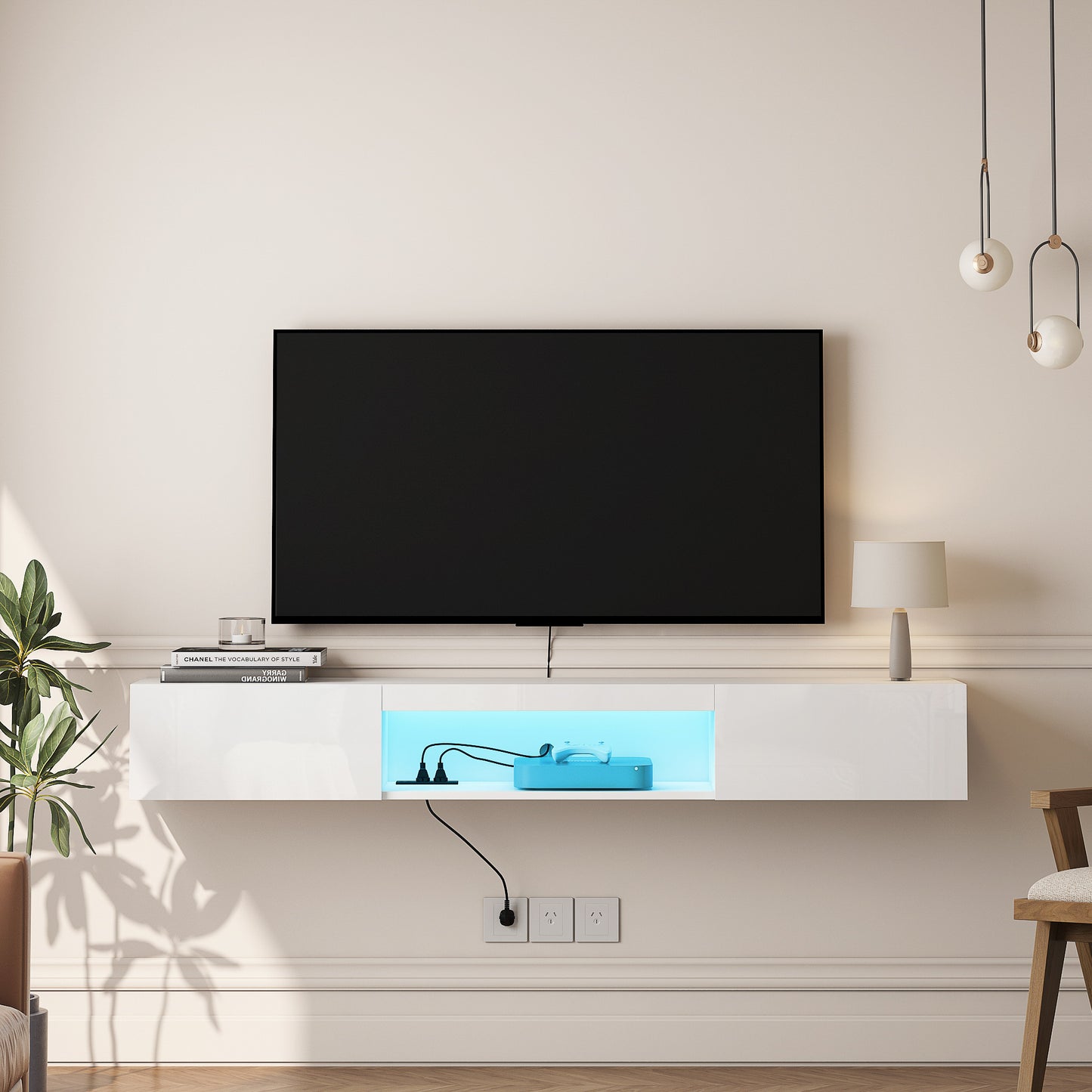 Floating TV Stand Wall Mounted With 16 Color LEDs, Modern TV Stand,Floating TV Cabinet Entertainment Center For 55 60 65 Inch TV,White