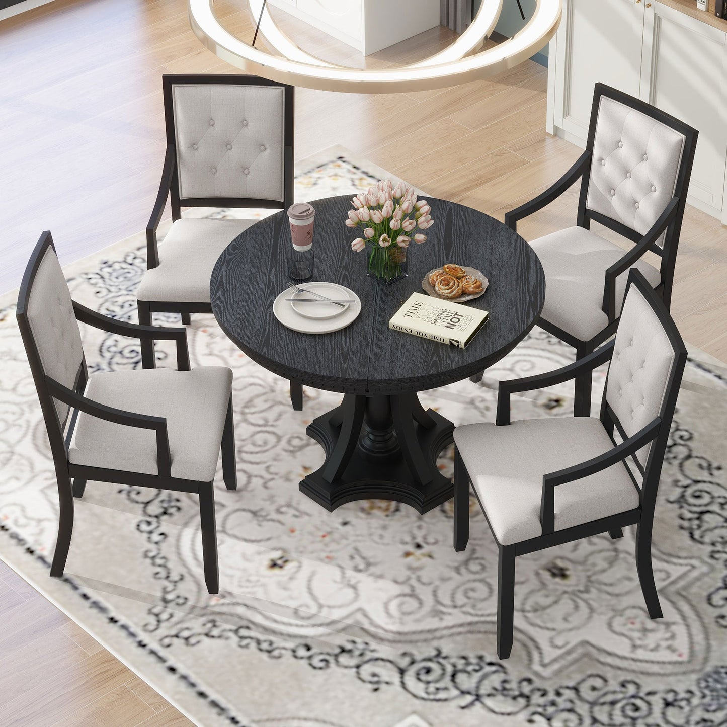 5-piece Dining Set Extendable Round Table and 4 Chairs for Kitchen Dining Room - Black Oak