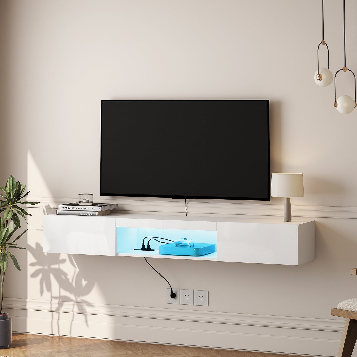 Floating TV Stand Wall Mounted With 16 Color LEDs, Modern TV Stand,Floating TV Cabinet Entertainment Center For 55 60 65 Inch TV,White