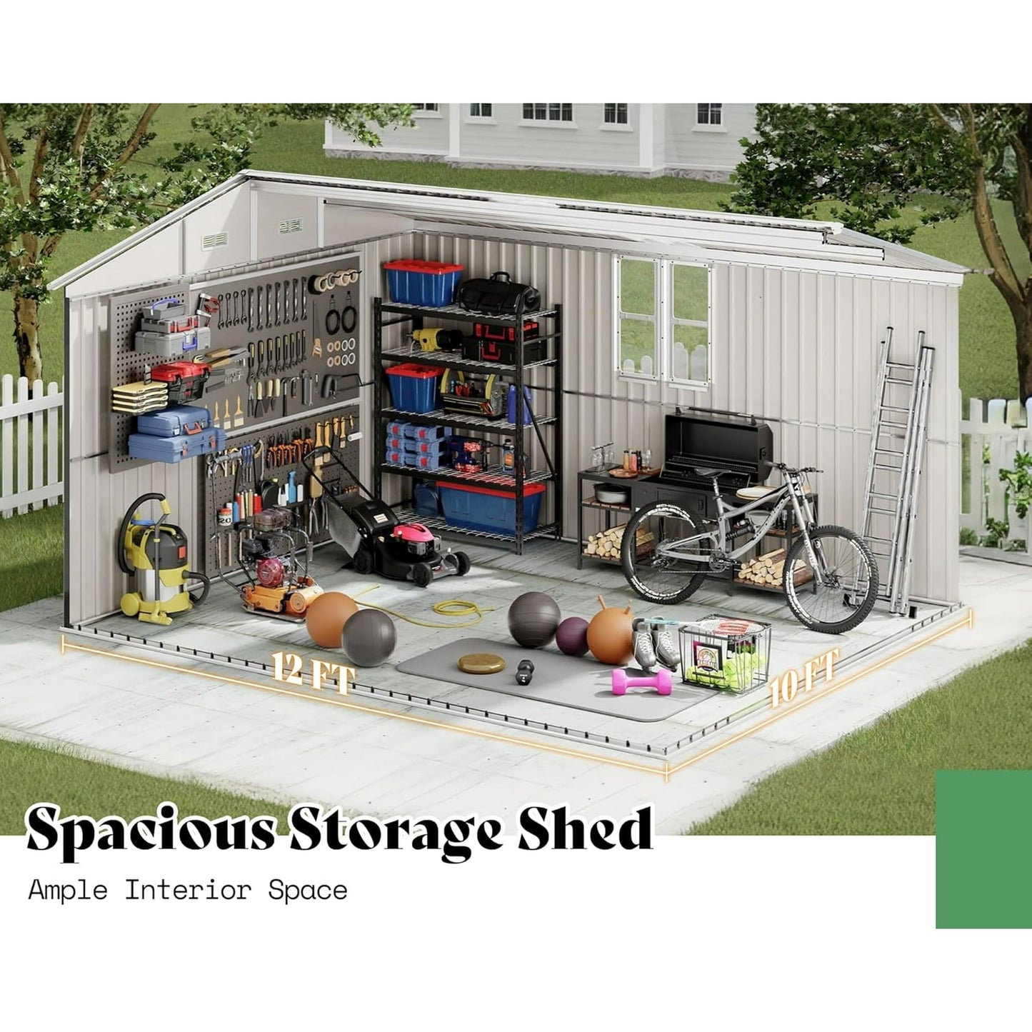 Jocisland 10x12x7 FT Galvanized Steel Storage Shed with 2 4-Pane Windows Hinged Double Doors, Outdoor Shed for Backyard, Garden, Garden, Dark Grey/White