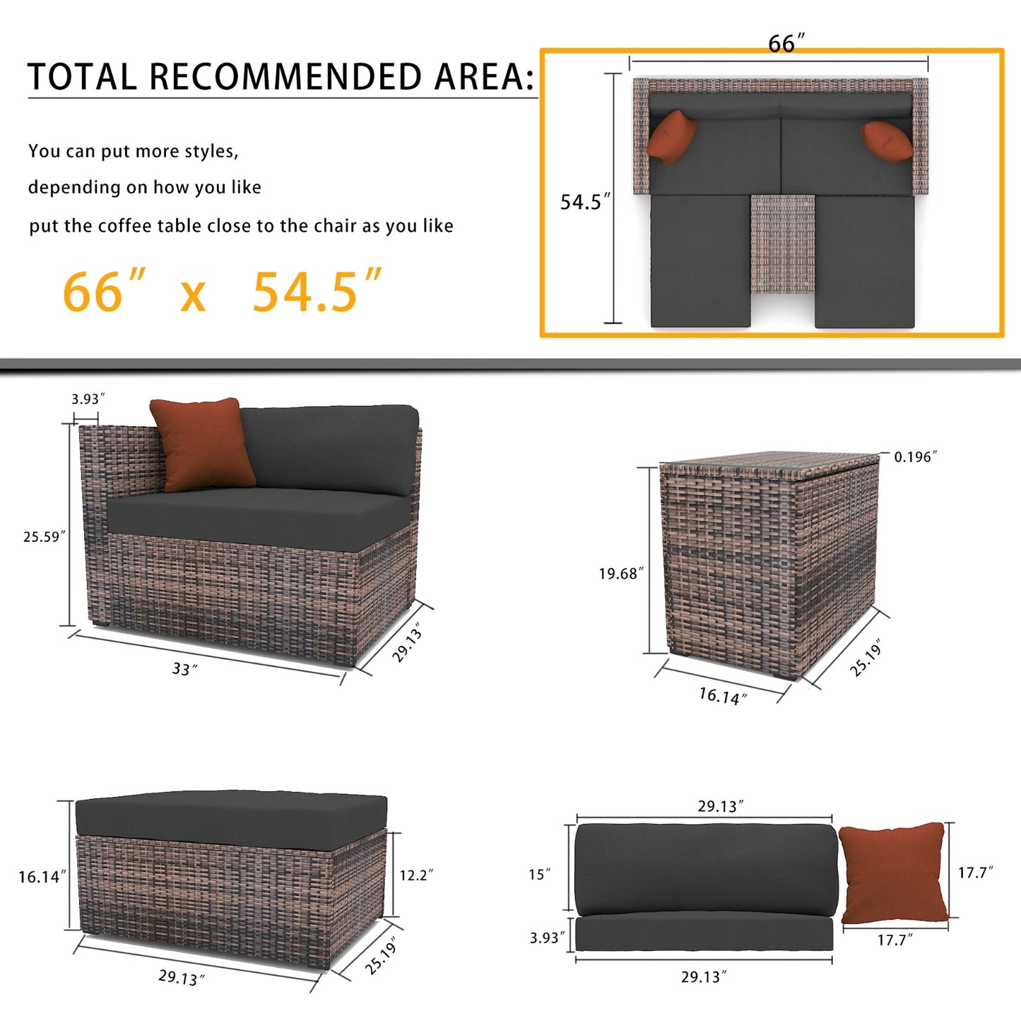 5 Pieces Outdoor Patio Garden Brown Wicker Sectional Conversation Sofa Set With Black