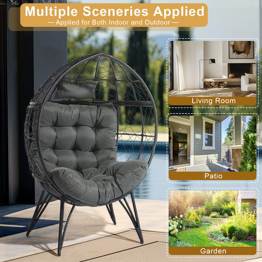 Black Rattan, Gray Cushions, Rattan Egg Chairs-Suitable For Patios, Porches, Backyards, Living Room Balconies