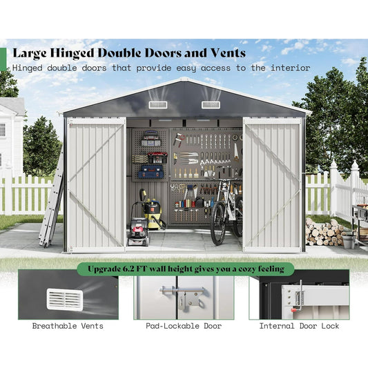Jocisland 10x12x7 FT Galvanized Steel Storage Shed with 2 4-Pane Windows Hinged Double Doors, Outdoor Shed for Backyard, Garden, Garden, Dark Grey/White
