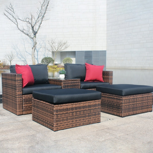 5 Pieces Outdoor Patio Garden Brown Wicker Sectional Conversation Sofa Set With Black