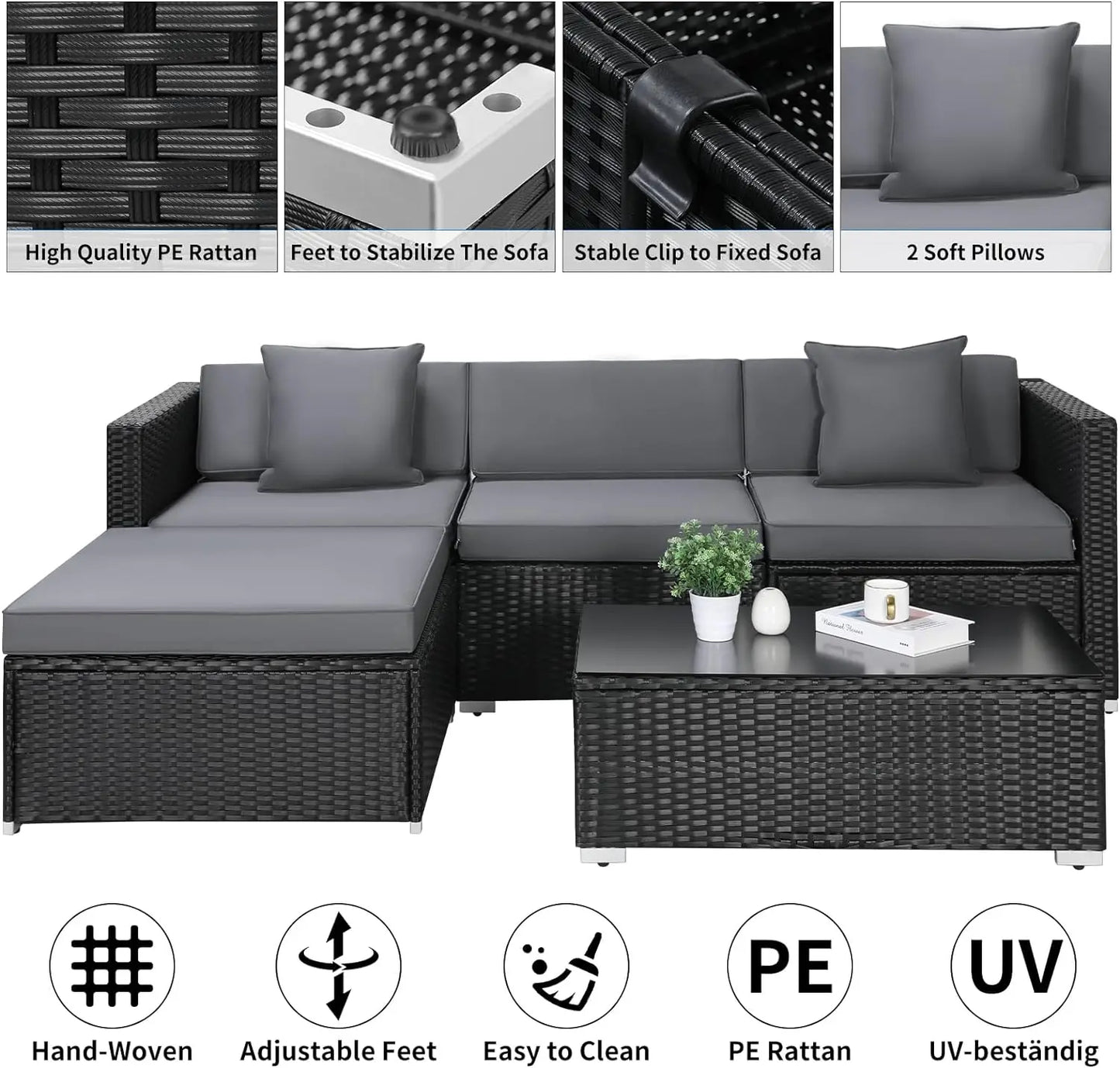 Polyrattan Lounge Sofa for 4-5 People 5PCS Outdoor Furniture Rattan Garden Corner Sofa Set Patio Coffee Table Cushions Pillows