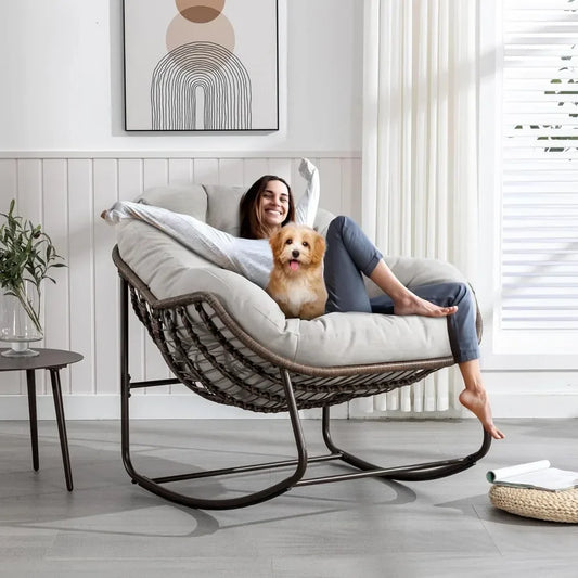 Oversized Rocking Papasan Chair with Thick Cushion and Frame