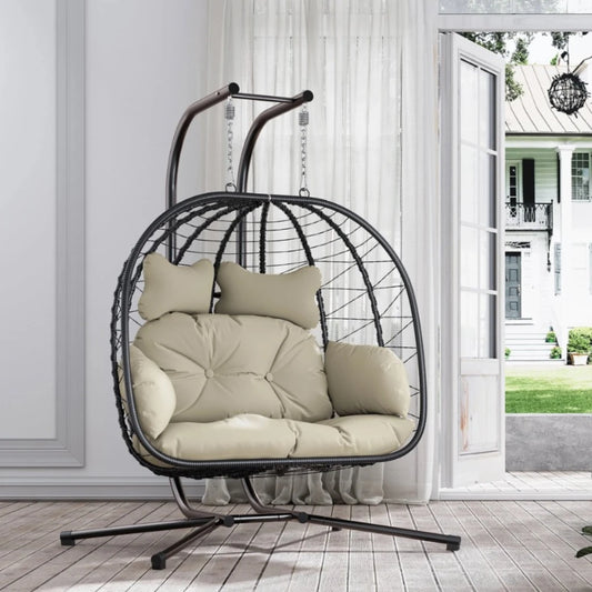 Double Wicker Swing Egg Chair Hammock Foldable Hanging Loveseat with Stand, UV Resistant Removable Cushions, 700LBS Capacity