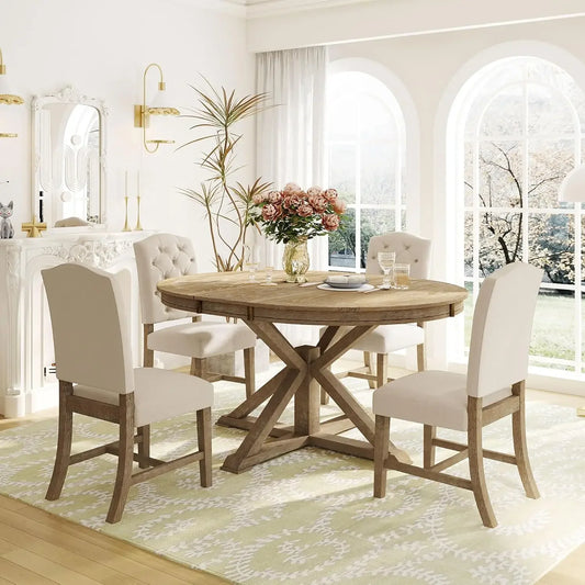 Retro Style 5-Piece Round Dining Table Set for 4 Extendable Table with 4 Upholstered Chairs for Dining Room Living Room
