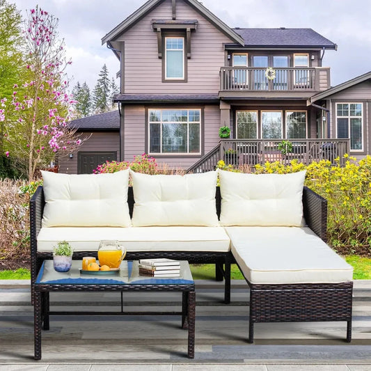Outdoor Patio Sofa Furniture Sets, All-Weather 3-Piece Brown Wicker PE Rattan Chaise Longue Conversation Sets
