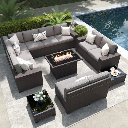 13 Pieces Outdoor Patio Furniture Set with 44" Fire Pit Table Brown Rattan Sectional Sofa Conversation Sets