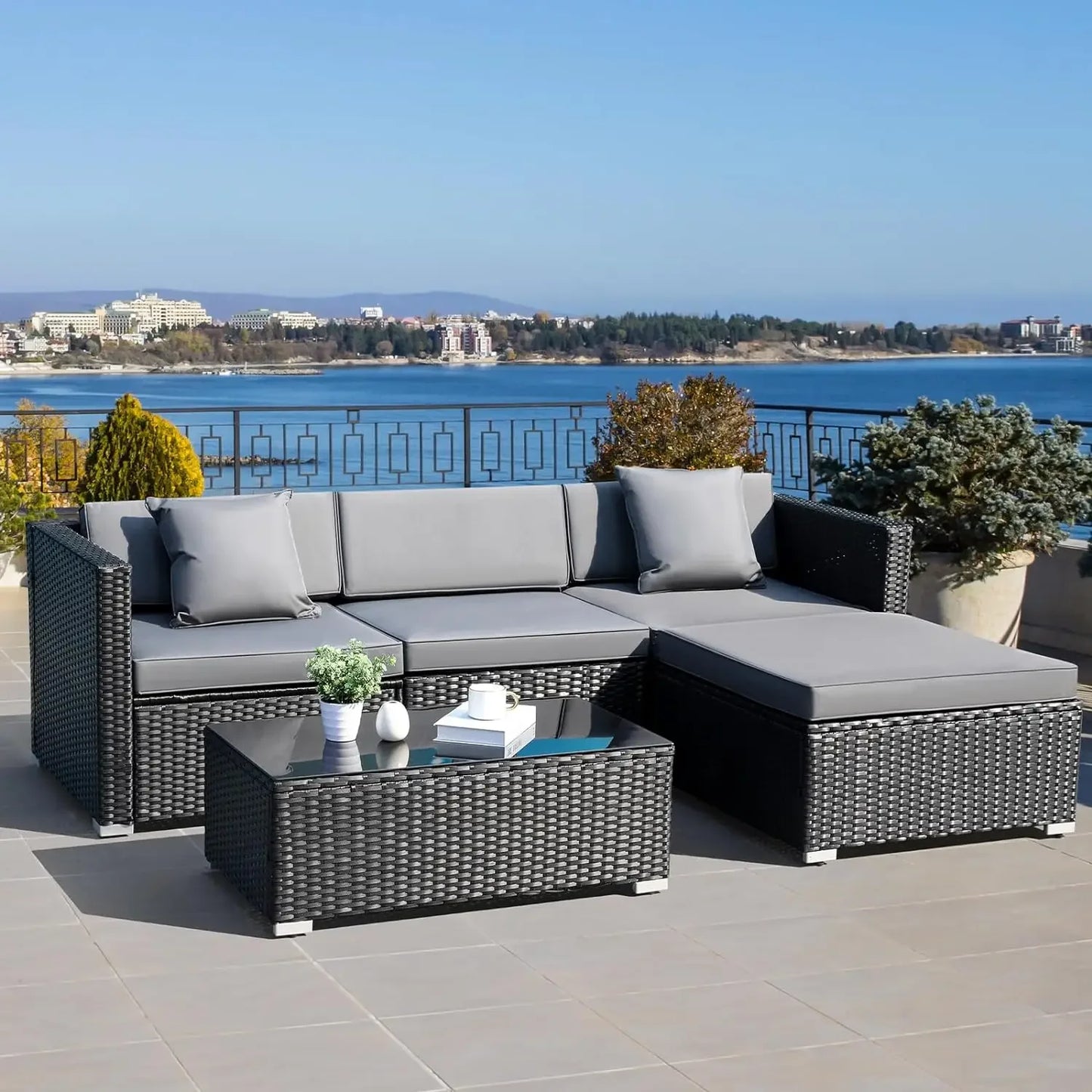 Polyrattan Lounge Sofa for 4-5 People 5PCS Outdoor Furniture Rattan Garden Corner Sofa Set Patio Coffee Table Cushions Pillows