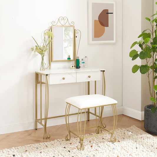 Vanity Table Set With Mirror & Stool,White Makeup Dressing Desk With Drawers For Girls,Women,Bedroom,Gift