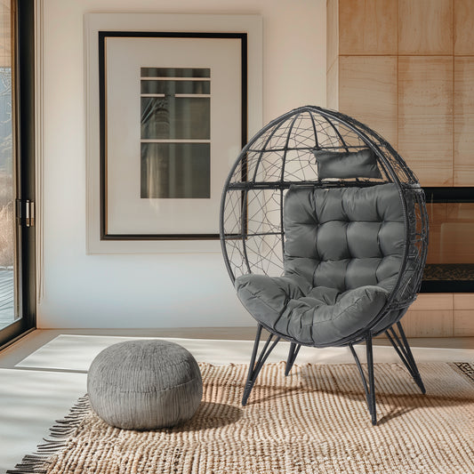 Black Rattan, Gray Cushions, Rattan Egg Chairs-Suitable For Patios, Porches, Backyards, Living Room Balconies