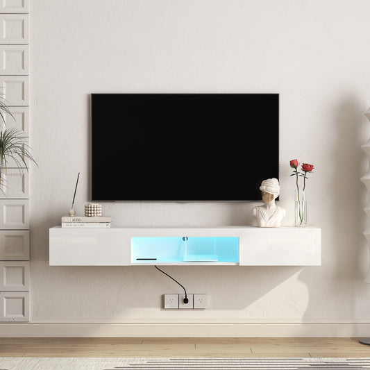 Floating TV Stand Wall Mounted With 16 Color LEDs, Modern TV Stand,Floating TV Cabinet Entertainment Center For 55 60 65 Inch TV,White